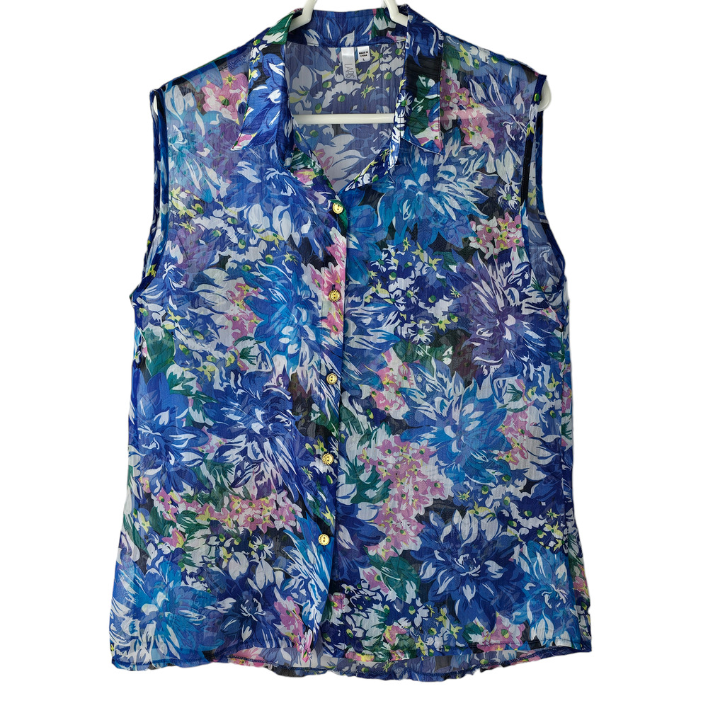 Top Lapis sheer floral blue green yellow print sleeveless button up blouse Large